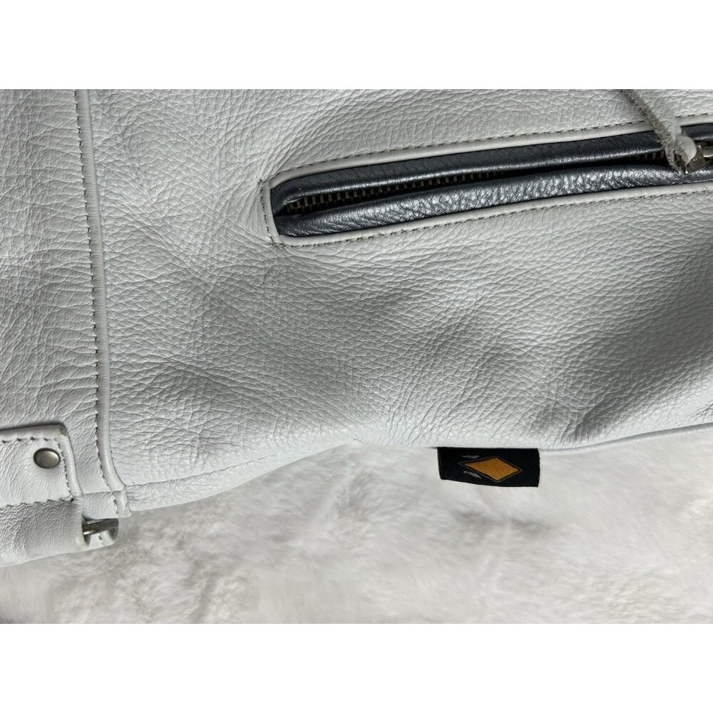 Power Trip Women's Leather Zip Up Motorcycle Jacket Large Cream/Silver Grey - Picture 2 of 16